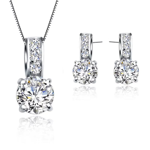 925 Sterling Silver Color Bridal Jewelry Set Classic Cubic Zircon Crystal Pendant Necklace Stud Earrings for Women Girls Gift