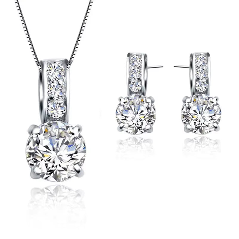 925 Sterling Silver Color Bridal Jewelry Set Classic Cubic Zircon Crystal Pendant Necklace Stud Earrings for Women Girls Gift